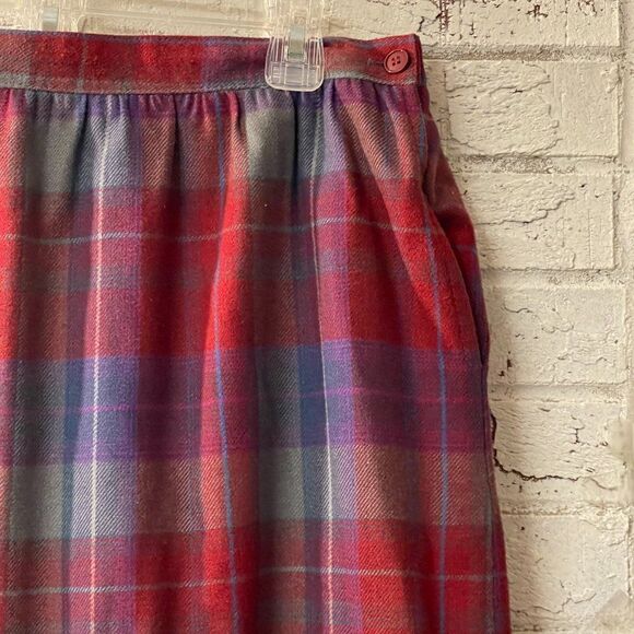 Vintage Personal Skirt Navy Red Plaid Pleated Midi Wool Blend 14 - Picture 2 of 10